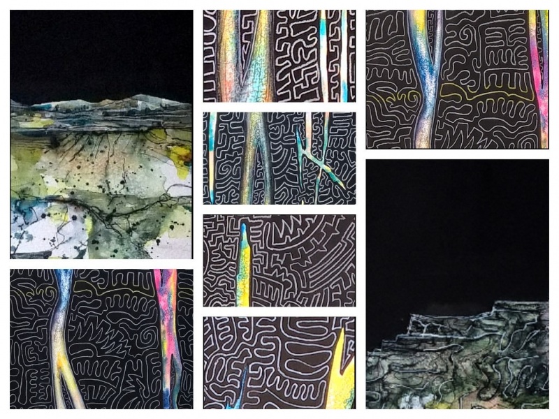 Landschft mit Nachthimmel - Aquarell - Collage