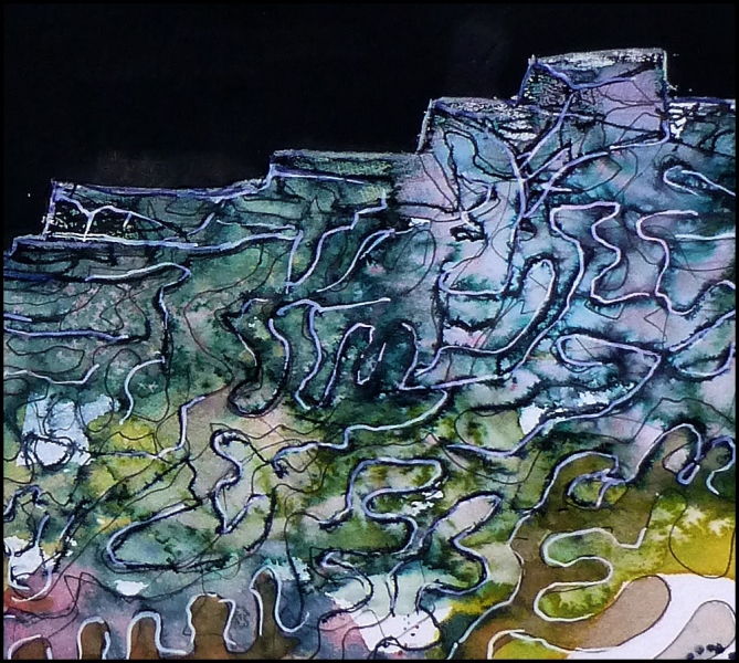 Landschft mit Nachthimmel - Aquarell - Ausschnitt