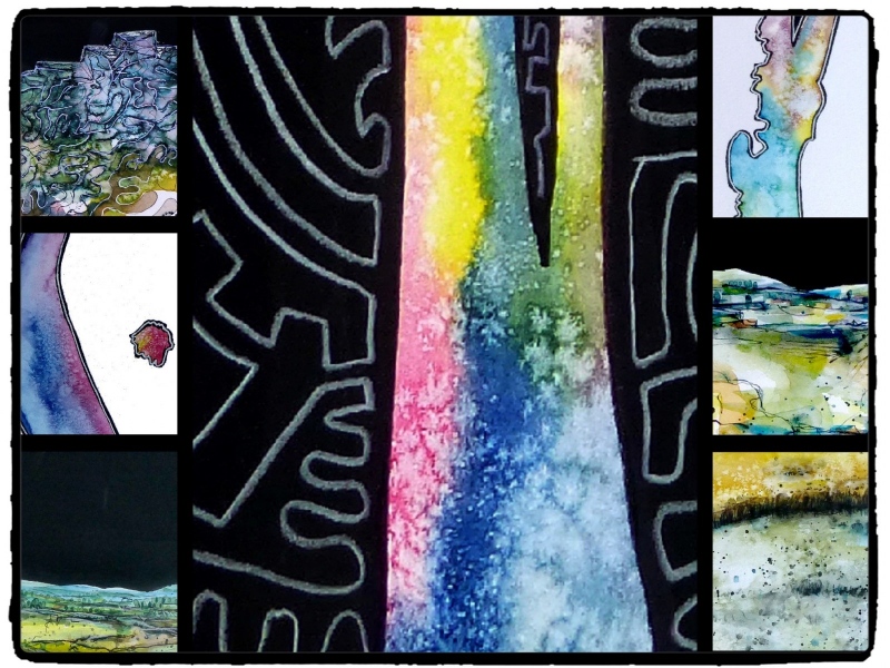 Aquarell mit Tusche und Lackstift