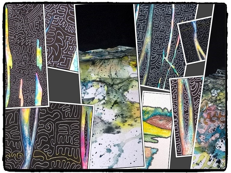 Aquarell mit Tusche und Lackstift