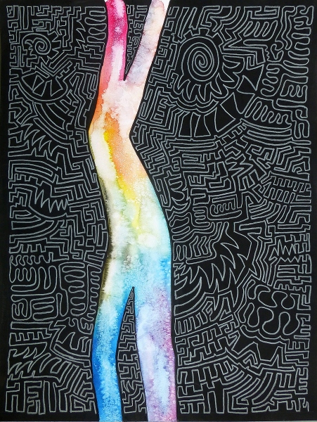 Aquarell mit Tusche und Lackstift