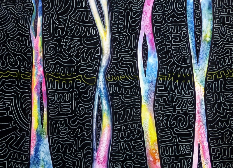 Aquarell mit Tusche und Lackstift